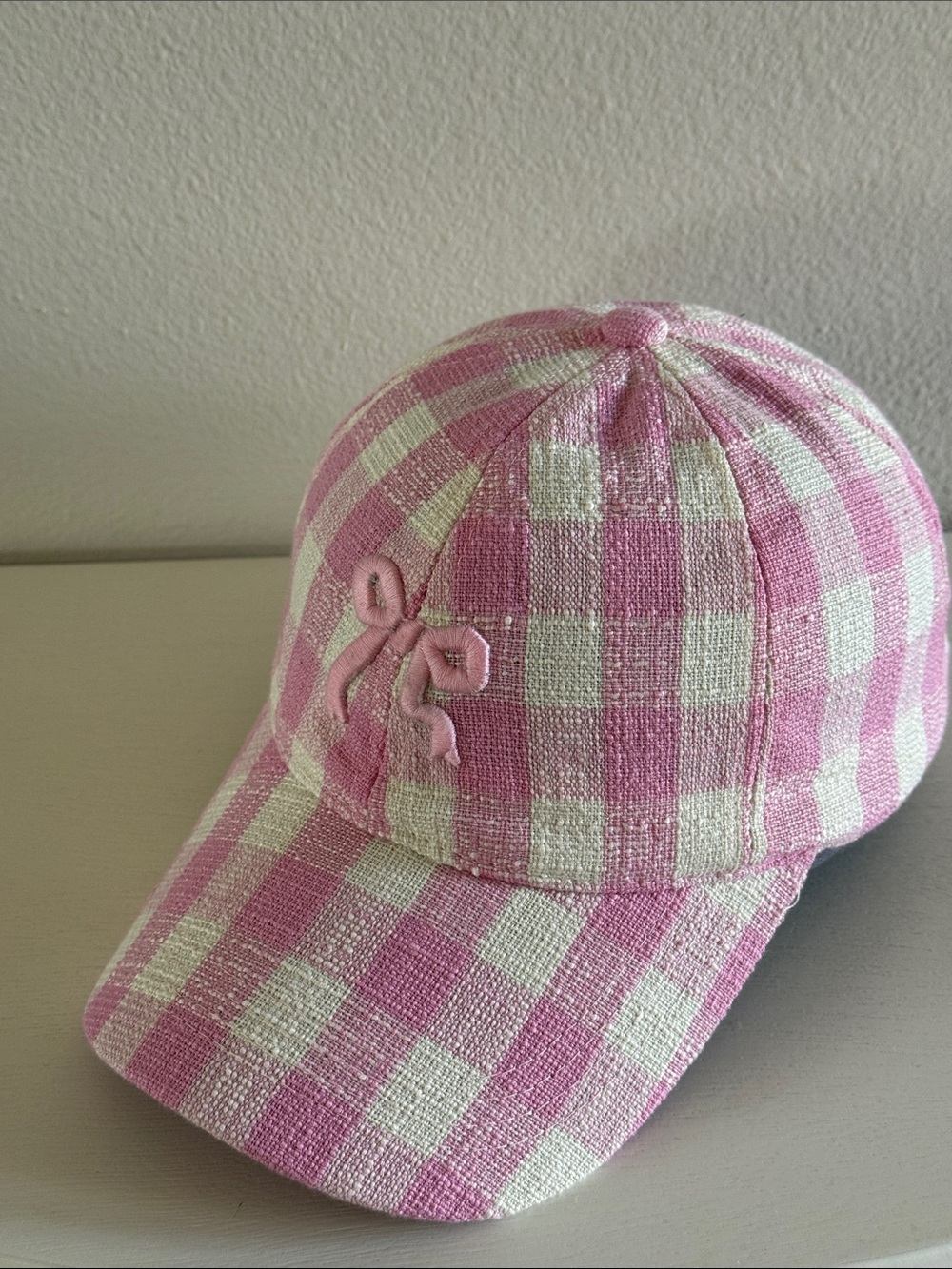 Pink Gingham Women’s Baseball Cap - Cute Bow Accent NWOT